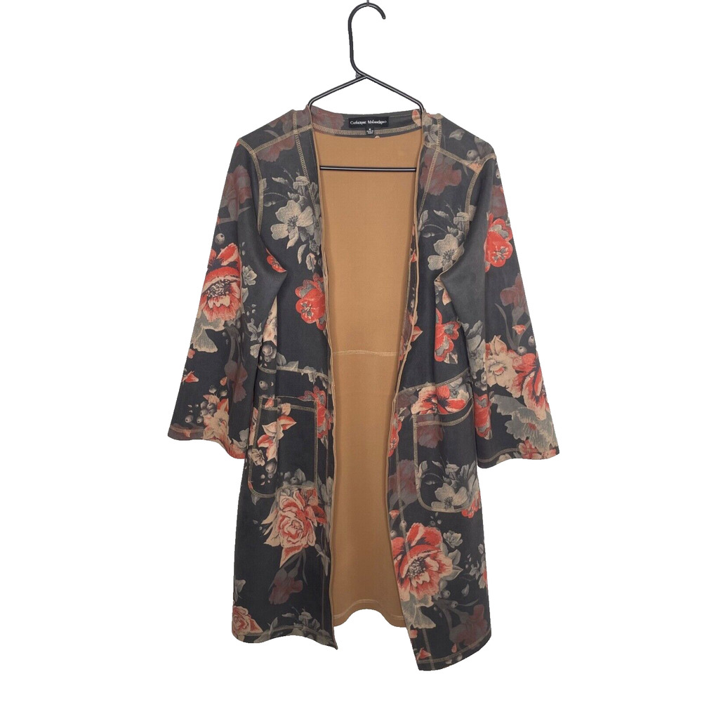 Floral Faux Suede Kimono Jacket Draped‎ Statement Layer